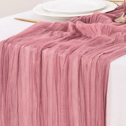 Picture of Socomi Fall Thanksgiving Table Runner Cheesecloth Table Runner 120 inch 10FT Boho Rustic Gauze Table Runner for Wedding Party Baby Shower Fall Decor Mauve 6pcs