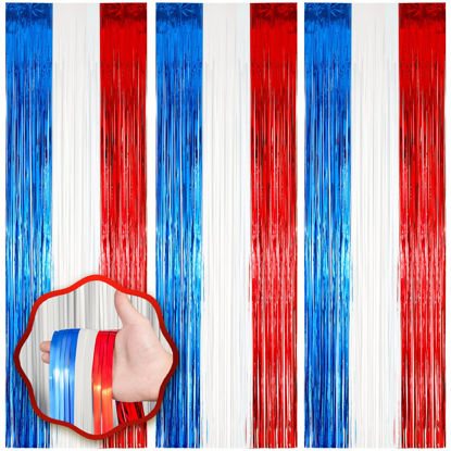 Picture of Voircoloria 3 Pack 3.3 x 8.2 ft Red White and Blue Foil Fringe Backdrop Curtains, Tinsel Streamers Party Decorations, Fringe Backdrop for Patriotic, Memorial Day, 4th of July, Independence Day