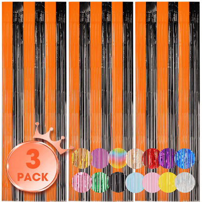 Picture of Voircoloria 3 Pack 3.3x8.2 Feet Black and Orange Foil Fringe Backdrop Curtains, Tinsel Streamers Birthday Party Decorations, Fringe Backdrop for Graduation, Baby Shower, Gender Reveal, Disco Party