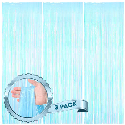 Picture of Voircoloria 3 Pack 3.3 x 8.2 ft Pastel Blue Foil Fringe Backdrop Curtains, Tinsel Streamers Birthday Party Decorations, Fringe Backdrop for Graduation, Baby Shower, Gender Reveal, Disco Party