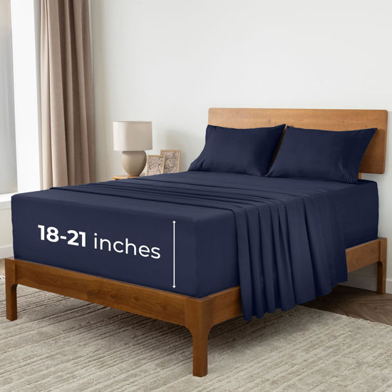 Picture of Mellanni Extra Deep Pocket Full Sheet Set - 4 Piece Iconic Collection Bedding Sheets & Pillowcases - Hotel Luxury, Ultra Soft, Cooling Bed Sheets - Extra Deep Pocket up to 21 inch (Full, Navy Blue)