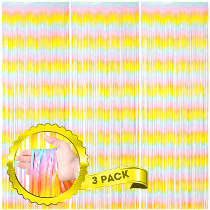 Picture of Voircoloria 3 Pack 3.3 x 8.2 ft Pastel Rainbow Foil Fringe Backdrop Curtains, Tinsel Streamers Birthday Party Decorations, Fringe Backdrop for Graduation, Baby Shower, Gender Reveal, Disco Party