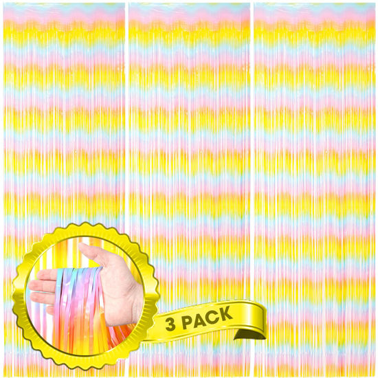 Picture of Voircoloria 3 Pack 3.3 x 8.2 ft Pastel Rainbow Foil Fringe Backdrop Curtains, Tinsel Streamers Birthday Party Decorations, Fringe Backdrop for Graduation, Baby Shower, Gender Reveal, Disco Party