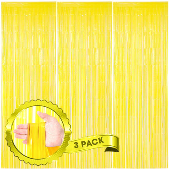 Picture of Voircoloria 3 Pack 3.3 x 8.2 ft Pastel Yellow Foil Fringe Backdrop Curtains, Tinsel Streamers Birthday Party Decorations, Fringe Backdrop for Graduation, Baby Shower, Gender Reveal, Disco Party