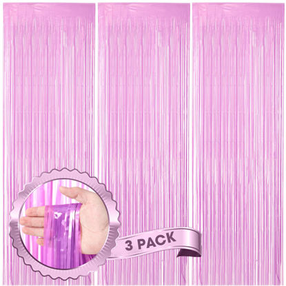 Picture of Voircoloria 3 Pack 3.3 x 8.2 ft Pastel Purple Foil Fringe Backdrop Curtains, Tinsel Streamers Birthday Party Decorations, Fringe Backdrop for Graduation, Baby Shower, Gender Reveal, Disco Party