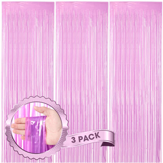 Picture of Voircoloria 3 Pack 3.3 x 8.2 ft Pastel Purple Foil Fringe Backdrop Curtains, Tinsel Streamers Birthday Party Decorations, Fringe Backdrop for Graduation, Baby Shower, Gender Reveal, Disco Party