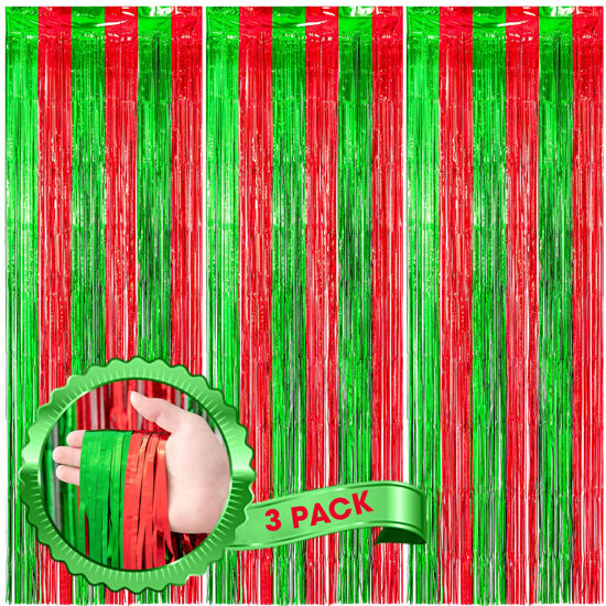 Picture of Voircoloria 3 Pack 3.3x8.2 Feet Red and Green Foil Fringe Backdrop Curtains, Tinsel Streamers Birthday Party Decorations, Fringe Backdrop for Graduation, Baby Shower, Gender Reveal, Disco Party
