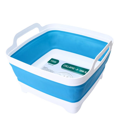 Picture of FOSJGO Dish Basin Collapsible with Drain Plug Carry Handles for 9 L Capacity, Collapsible Sink Tub, Dish Wash Basin, Portable Dish Tub, Foldable Dishpan for Camping Dish Washing Tub and RV Sink