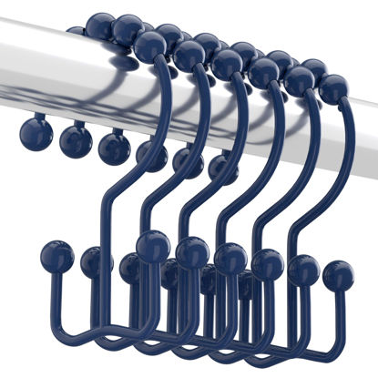 Picture of Titanker Shower Curtain Hooks Rings, Rust-Resistant Metal Double Glide Shower Hooks for Bathroom Shower Rods Curtains, Set of 12 Hooks - Navy Blue