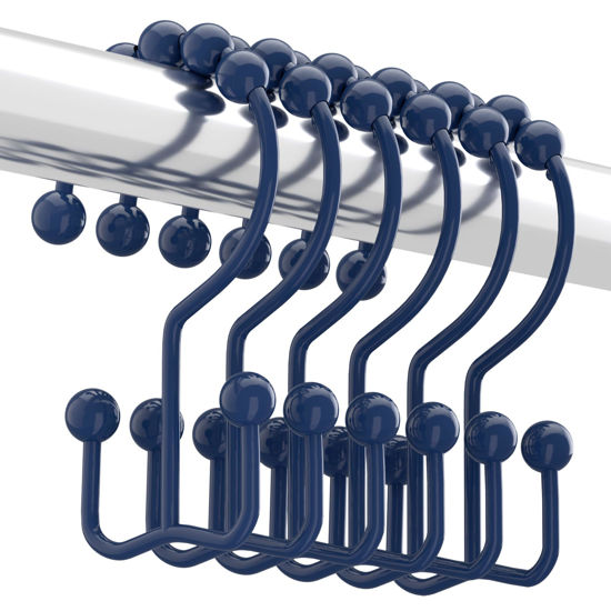 Picture of Titanker Shower Curtain Hooks Rings, Rust-Resistant Metal Double Glide Shower Hooks for Bathroom Shower Rods Curtains, Set of 12 Hooks - Navy Blue