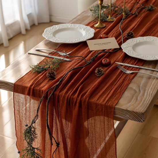 Picture of Keketo Terracotta Table Runner Cheesecloth Rust Gauze 120 Inch 10 FT Rustic Burnt Orange Cheese Cloth for Wedding Baby Bridal Shower Party Centerpiece Sheer Holiday Home Decorations