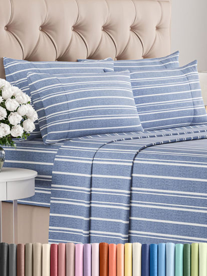 Picture of King 6 Piece Sheet Set - Breathable & Cooling Sheets - Hotel Luxury Bed Sheets - 1 Flat Sheet, 1 Fitted Sheet & 4 Pillowcases - Deep Pocket - Easy Fit, Soft & Wrinkle Free - King Blue Stripes Sheets