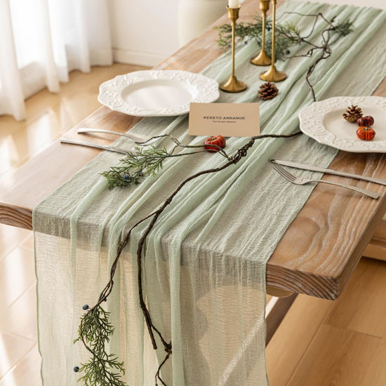 Picture of Keketo Sage Green Spring Easter Table Runner Cheesecloth 120 Inch 10 FT Rustic Boho Cheese Cloth Runner for Wedding Baby Shower Bridal Shower Sheer Gauze Centerpiece Home Decorations