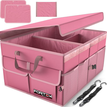 Picture of FORTEM Car Trunk Organizer, Car Storage Organizer, Collapsible Multi Compartment Car Organizer, SUV Trunk Organizer, Non Slip Bottom, Adjustable Securing Straps, Foldable Cover 50L (Pink, Standard)