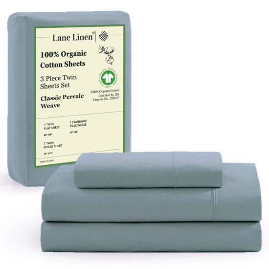 Picture of LANE LINEN 100% Organic Cotton Twin Bed Sheet Set, 3 Pc Twin Size Sheet Set, Soft & Breathable Twin Sheet Set Boys, Hotel Style Bedding Sheets & Pillowcases, 15" Deep Twin Fitted Sheet - French Blue
