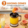 Picture of Elite Gourmet ETS740 BPA-Free Electric Citrus Juicer with 2 Cones, Compact, Large Volume, Pulp Control, Oranges, Lemons, Limes, Grapefruits with Easy Pour Spout, 1.2L, Black/Stainless Steel