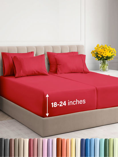 Picture of Extra Deep Split King Sheet Set - 7 Piece Breathable & Cooling Sheets - Hotel Luxury Bedding Set w/18-24 Inch Extra Deep Pockets - Easy Fit - Super Soft, Wrinkle Free & Comfy - Red, Split King Size