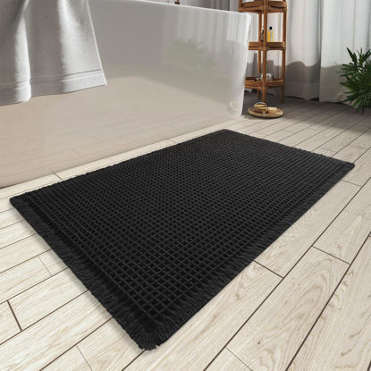 Picture of AMOAMI Upgraded Waffle Bath Mat, Super Absorbent Non Slip Bath Mats for Bathroom Floor, Machine Washable Bathroom Rugs with Tassels, Rubber Backed Bathroom Mats, Ultra Soft, 18" x 30", Black