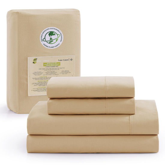 Picture of Lane Linen 100% Organic Cotton California King Sheets Set, 4-Piece Pure Organic Cotton Long Staple Percale Weave Ultra Soft Best Bedding Sheets for Bed, Breathable, Fits Mattress Upto 15' Deep - Linen