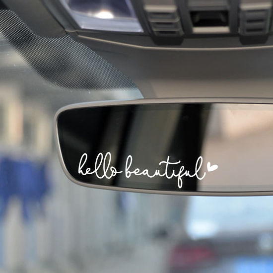 Picture of 3x Hello Beautiful Rearview Mirror Decal, Vanity Mirror Stickers, Rear View Mirror Vinyl Decal, Car Accessories Gifts, Car Decal For Women, Car Window Decal, Self Affirmations Decal