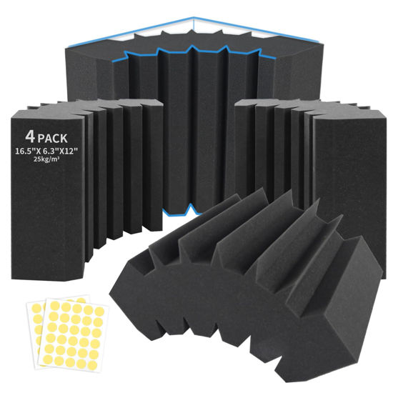 Picture of Focusound 4 Pack Bass Traps Corner Acoustic Foam Corner 16.5" X 6.3" X 12" Acoustic Foam Panels Soundproof Padding Wall Panel Corner Block for Home Studio and Theater