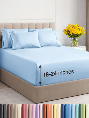 Picture of Extra Deep King Sheet Set - 6 Piece Breathable & Cooling Sheets - Hotel Luxury Bedding Set with 18-24 Inch Extra Deep Pockets - Easy Fit - Super Soft, Wrinkle Free and Comfy - Light Blue, King Size