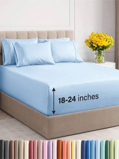 Picture of Extra Deep King Sheet Set - 6 Piece Breathable & Cooling Sheets - Hotel Luxury Bedding Set with 18-24 Inch Extra Deep Pockets - Easy Fit - Super Soft, Wrinkle Free and Comfy - Light Blue, King Size
