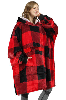Picture of Catalonia Buffalo Plaid Oversized Blanket Hoodie Sweatshirt, Wearable Sherpa Lounging Pullover for Adults Men Women Teenagers Wife Girlfriend Gift