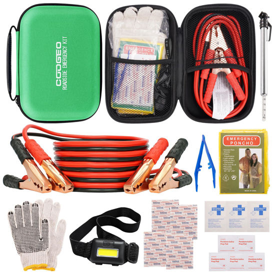 Picture of COOGEO Roadside Assistance Emergency Kit Multipurpose Bag Car Premium with Battery Jumper Cable Kit for Car, Vehicle, Truck or SUV for Men or Women, Green