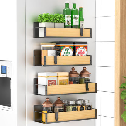 Picture of HuggieGems 4 Pack Magnetic Spice Storage Rack Organizer for Refrigerator and Oven, Wood Fridge Organizers and Storage