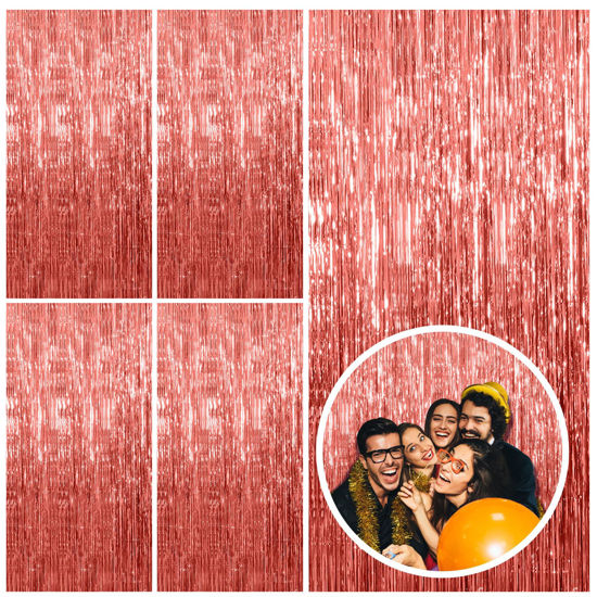 Picture of 5 Pack Rose Gold Fringe Curtain Backdrop Birthday Bachelorette Party Decorations Metallic Tinsel Streamers Foil Backdrop Christmas Graduation Wedding New Year Party Decorations