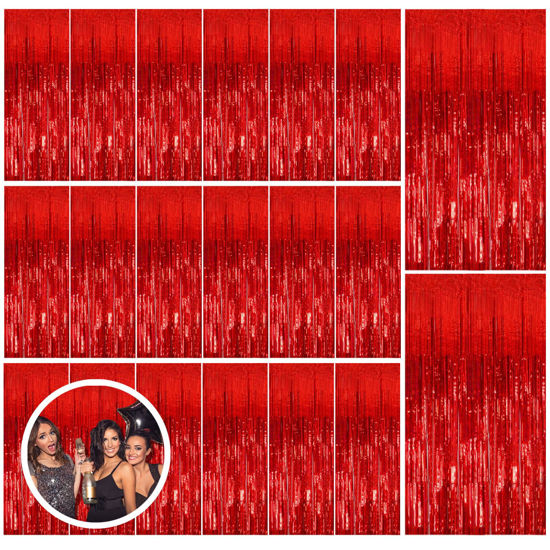 Picture of 20 Pack Red Streamers Party Backdrop Christmas Decorations Foil Fringe Backdrop Curtains Carnival Casino Theme Birthday New Year Holiday Celebration Bachelorette Party Decorations Supplies