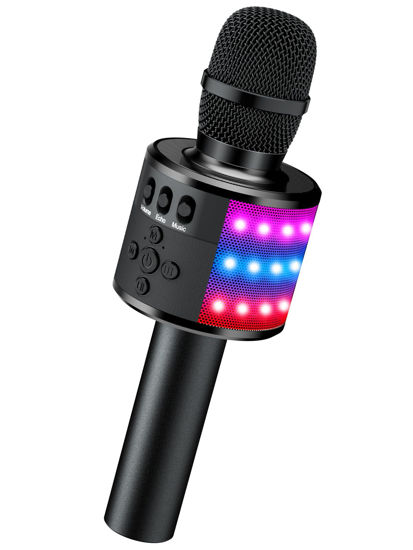 Picture of BONAOK Bluetooth Wireless Karaoke Microphone with LED Lights,4-in-1 Portable Handheld Mic with Speaker Karaoke Player Singing Home Party Toys Birthday Gift for Kids Adults Boys Girls Q78(Black)