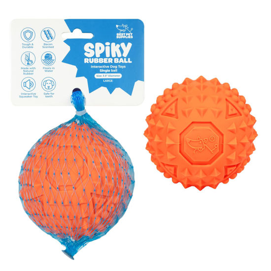 Picture of Best Pet Supplies Squeaky Rubber Spiky Ball Dog Toy Durable Non-Toxic Perfect for Aggressive Chewers Spiked for Dental Health Interactive Dog Toy - Orange (L:3.5")