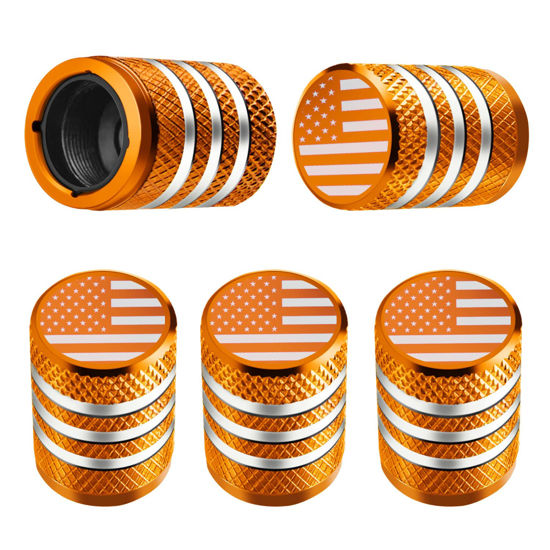 Picture of Tire Valve Stem Caps - (5 Pack) Tire Air Caps Metal with Plastic Liner Corrosion Resistant Leak-Proof American Flag for Car Truck Motorcycle Bike Orange