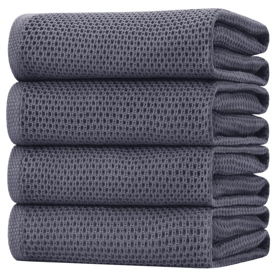 Picture of Homaxy 100% Cotton Oversized Waffle Weave Kitchen Dish Towels, Ultra Soft Absorbent Quick Drying Cleaning Towel, 20 x 28 Inches, 4-Pack, Dark Grey