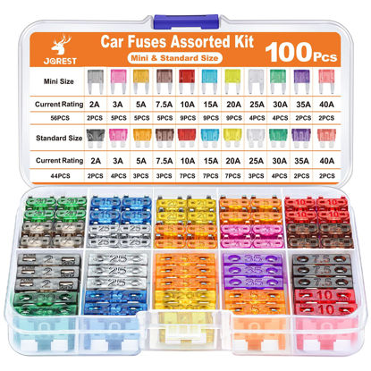 Picture of JOREST 100Pcs Car Fuse Assortment Kit, 56 Mini Blade Fuses Automotive + 44 Standard Auto Fuses + 1 Fuse Puller - for Car/RV/Truck/Motorcycle/Boat (2Amp 3A 5A 7.5A 10A 15A 20A 25A 30A 35A 40A)