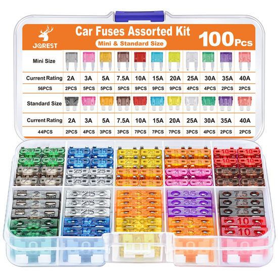 Picture of JOREST 100Pcs Car Fuse Assortment Kit, 56 Mini Blade Fuses Automotive + 44 Standard Auto Fuses + 1 Fuse Puller - for Car/RV/Truck/Motorcycle/Boat (2Amp 3A 5A 7.5A 10A 15A 20A 25A 30A 35A 40A)