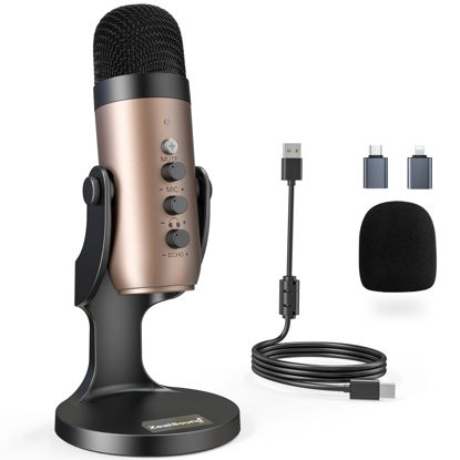 Picture of ZealSound USB Microphone,Condenser Computer PC Mic,Plug&Play Gaming Microphones for PS 4&5.Headphone Output&Volume Control,Mic Gain Control,Mute Button for Vocal,YouTube Podcast on Mac&Windows(Gold)