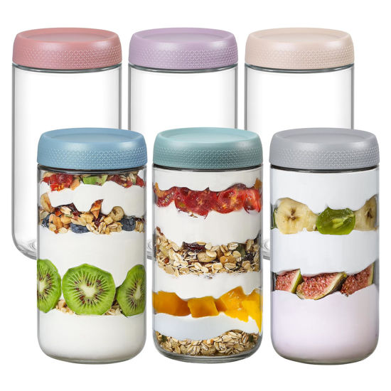 Picture of NETANY 6-pack 24oz Glass jars with Airtight Lids, Overnight Oats Containers with Lids, Wide mouth Mason Salad jars, Glass Food Storage Containers for Snacks Yogurt Spice Sugar