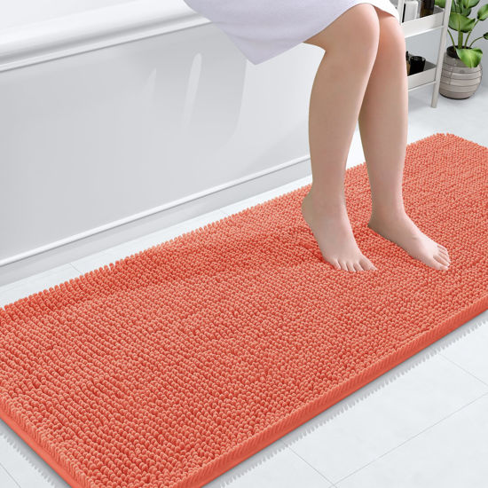 Picture of OLANLY Bathroom Rugs 59x24, Extra Soft Absorbent Chenille Bath Rugs, Rubber Backing Quick Dry, Machine Washable Bath Mats for Bathroom Floor, Tub and Shower, Home Decor Accessories, Coral