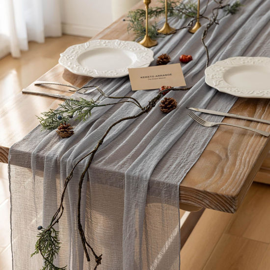 Picture of Keketo Cheesecloth Table Runner Dusty Blue Gauze Rustic Cheese Cloth Table Runner 120 Inch 10 FT for Wedding Baby Bridal Shower Birthday Engagement Party Long Sheer Boho Home Decorations