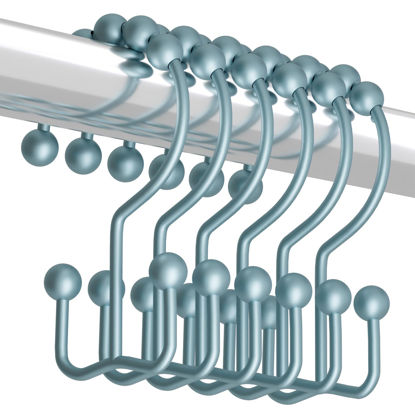 Picture of Titanker Shower Curtain Hooks Rings, Rust-Resistant Metal Double Glide Shower Hooks for Bathroom Shower Rods Curtains, Set of 12 Hooks - Lightcyan