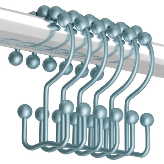 Picture of Titanker Shower Curtain Hooks Rings, Rust-Resistant Metal Double Glide Shower Hooks for Bathroom Shower Rods Curtains, Set of 12 Hooks - Lightcyan