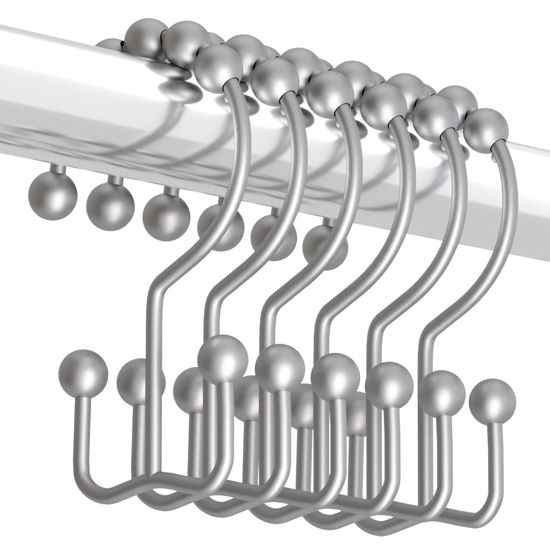 Picture of Titanker Shower Curtain Hooks Rings, Rust-Resistant Metal Double Glide Shower Hooks for Bathroom Shower Rods Curtains, Set of 12 Hooks - Space Silver