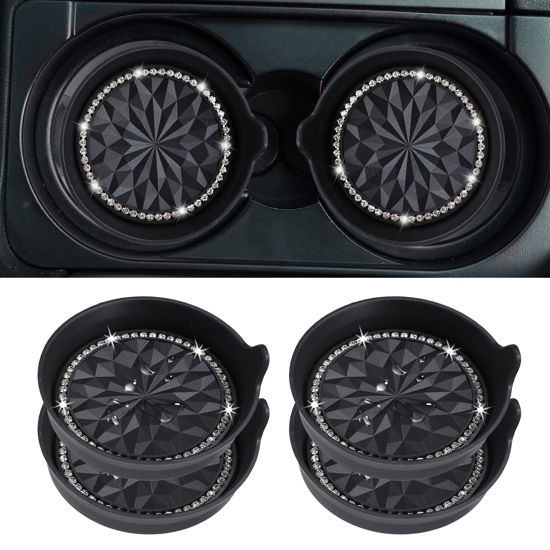 Picture of Amooca Car Cup Coaster Universal Non-Slip Cup Holders Bling Crystal Rhinestone Car Interior Accessories 4 Pack Black Flower