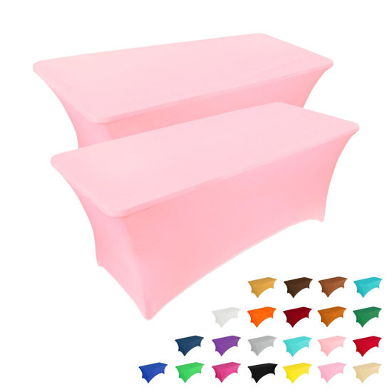 Picture of IVAPUPU 2 Pack 4FT Table Cloth for Rectangular Fitted Events Stretch Pink Table Covers Washable Table Cover Spandex Tablecloth Table Protector for Party, Wedding, Cocktail, Banquet, Festival