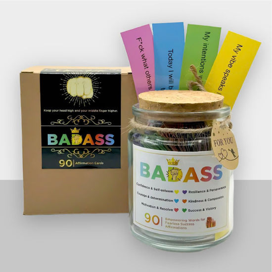 Picture of Badass Affirmation Jar, Daily Affirmation Jar for Women, Self Care Gifts for Women, Inspirational Jar, Motivational Cards, Friendship Elephant Ornament, White Elephant Gifts for Adults