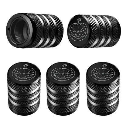 Picture of Tire Valve Stem Cap Cover - (5 Pack) Tire Air Cap Metal with Plastic Liner Corrosion Resistant Leak-Proof Halloween Pumpkin Car Decoration Accessories Black