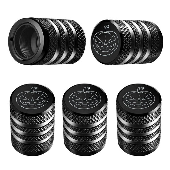 Picture of Tire Valve Stem Cap Cover - (5 Pack) Tire Air Cap Metal with Plastic Liner Corrosion Resistant Leak-Proof Halloween Pumpkin Car Decoration Accessories Black